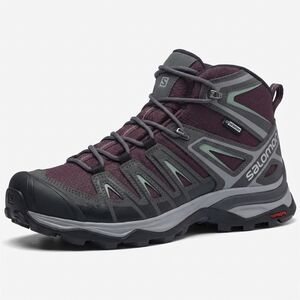 NEW SALOMON women's x ultra pioneer mid cswp hiking boots in winetasting/magnet/